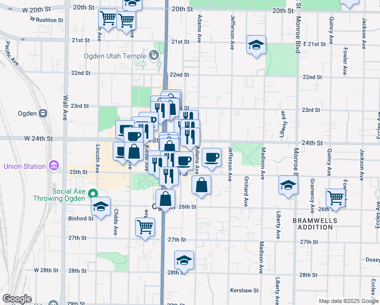 map of restaurants, bars, coffee shops, grocery stores, and more near 2484 Washington Boulevard in Ogden