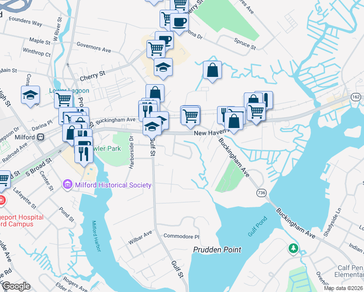 map of restaurants, bars, coffee shops, grocery stores, and more near in Milford