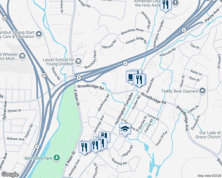 map of restaurants, bars, coffee shops, grocery stores, and more near in Bridgeport