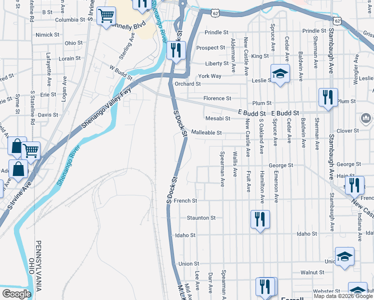 map of restaurants, bars, coffee shops, grocery stores, and more near 712-900 S Dock St in Sharon
