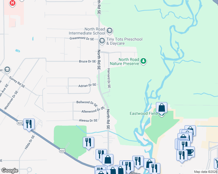map of restaurants, bars, coffee shops, grocery stores, and more near 4244 Candlelight Drive Southeast in Warren