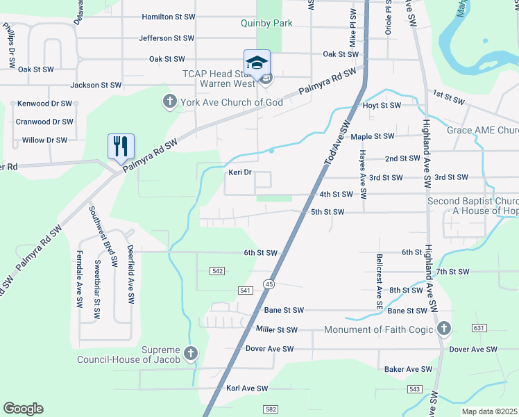 map of restaurants, bars, coffee shops, grocery stores, and more near 1321 5th Street Southwest in Warren