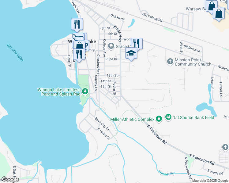 map of restaurants, bars, coffee shops, grocery stores, and more near 207 Mineral Springs Avenue in Winona Lake