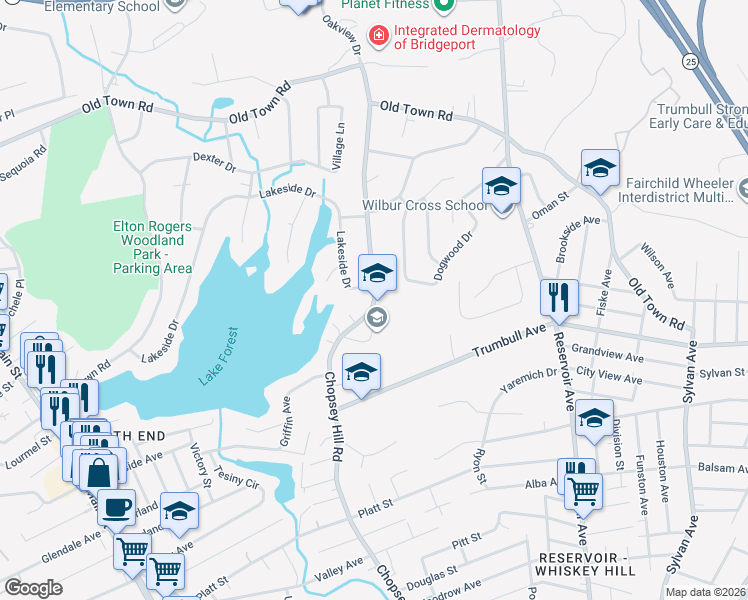 map of restaurants, bars, coffee shops, grocery stores, and more near 1521 Chopsey Hill Road in Bridgeport