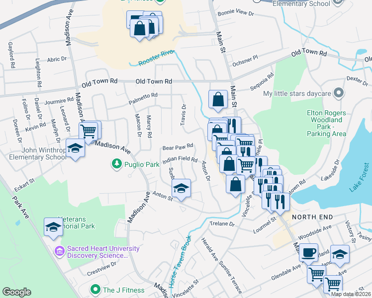map of restaurants, bars, coffee shops, grocery stores, and more near 80 Indian Field Road in Bridgeport