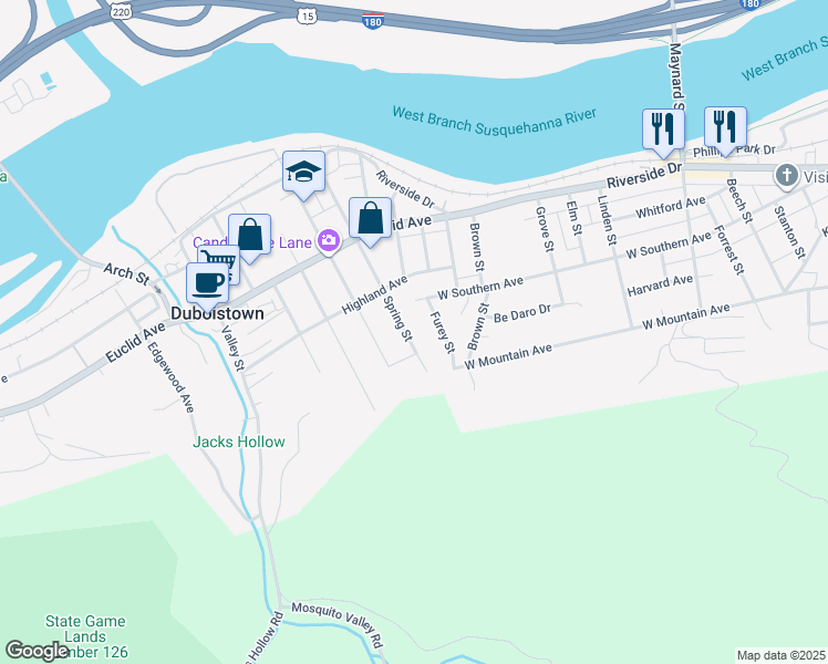 map of restaurants, bars, coffee shops, grocery stores, and more near 398 Spring Street in Duboistown