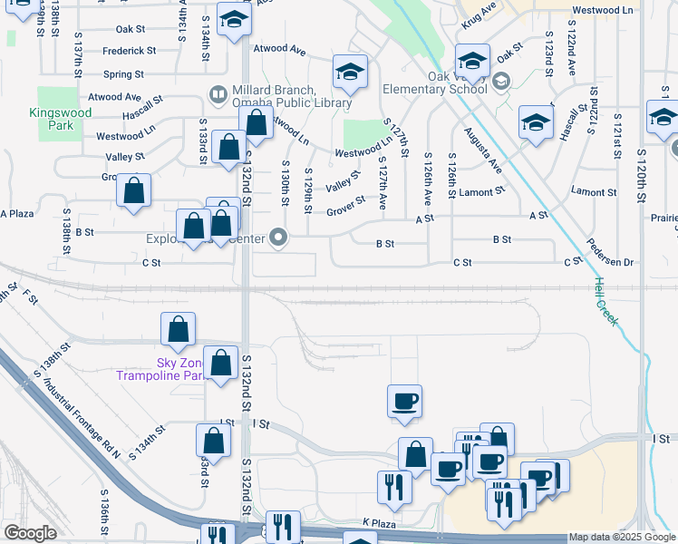 map of restaurants, bars, coffee shops, grocery stores, and more near 12753 C Street in Omaha