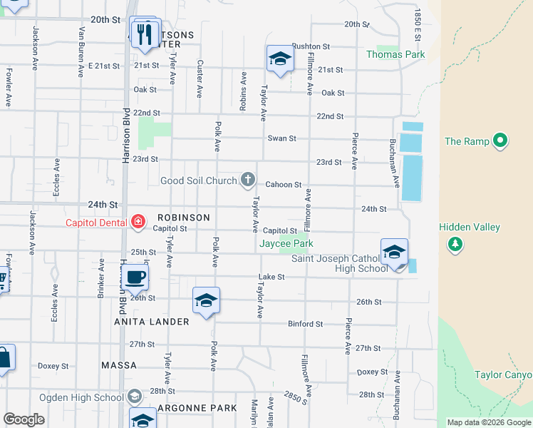 map of restaurants, bars, coffee shops, grocery stores, and more near 1517 24th Street in Ogden