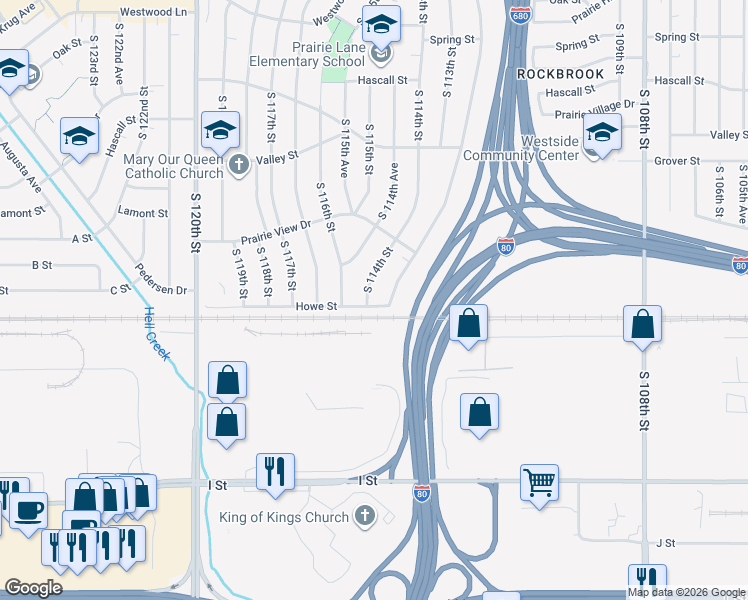 map of restaurants, bars, coffee shops, grocery stores, and more near 3725 South 114th Street in Omaha