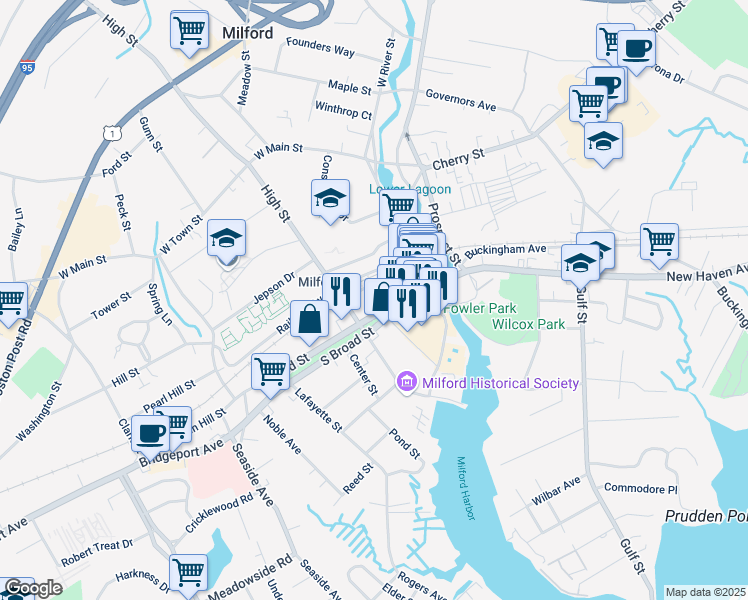 map of restaurants, bars, coffee shops, grocery stores, and more near 2 Depot Street in Milford