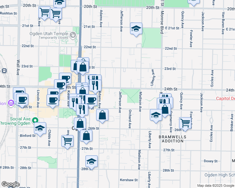 map of restaurants, bars, coffee shops, grocery stores, and more near 2464 Jefferson Avenue in Ogden