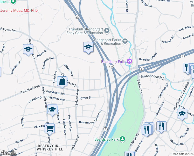 map of restaurants, bars, coffee shops, grocery stores, and more near 11 Marshall Avenue in Trumbull