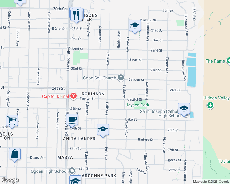 map of restaurants, bars, coffee shops, grocery stores, and more near 1416 Capitol Street in Ogden