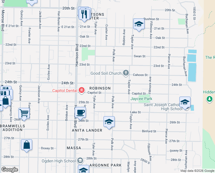 map of restaurants, bars, coffee shops, grocery stores, and more near 1360 Capitol Street in Ogden