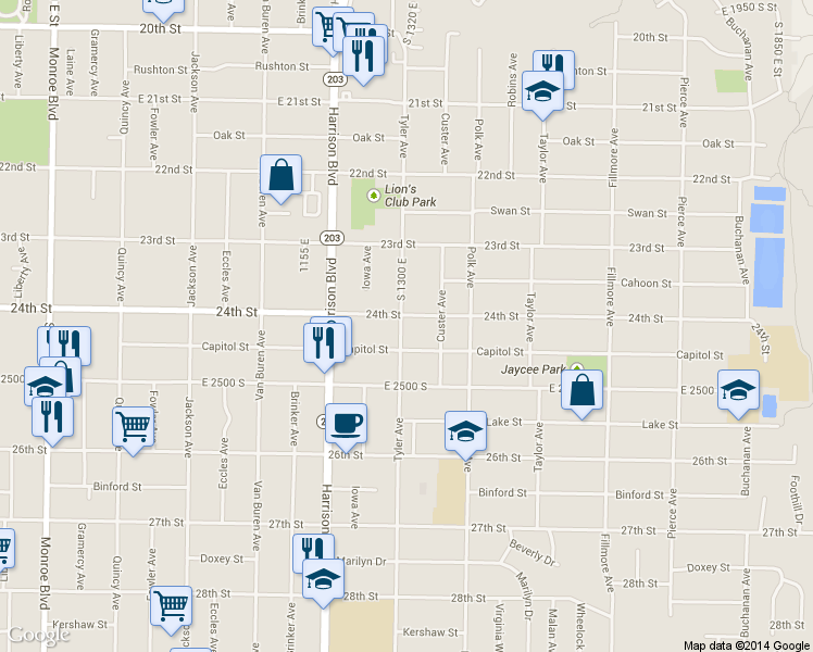 map of restaurants, bars, coffee shops, grocery stores, and more near 2447 Tyler Avenue in Ogden