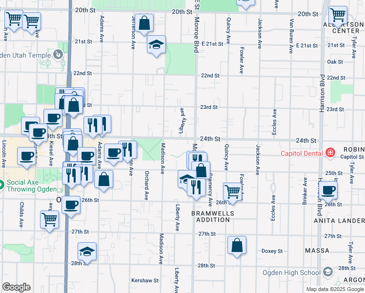 map of restaurants, bars, coffee shops, grocery stores, and more near 2445 Monroe Boulevard in Ogden