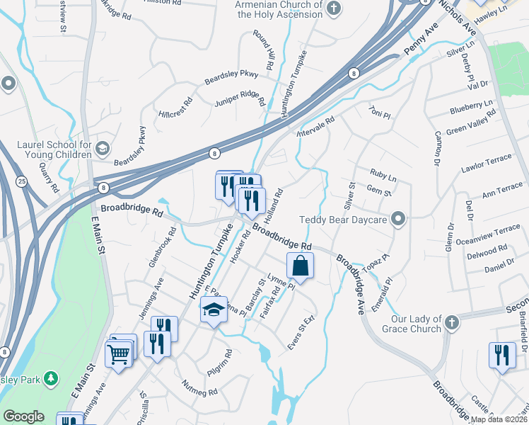 map of restaurants, bars, coffee shops, grocery stores, and more near 575 Broadbridge Road in Bridgeport