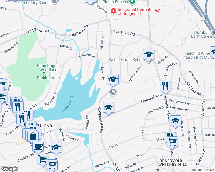 map of restaurants, bars, coffee shops, grocery stores, and more near 1521 Chopsey Hill Road in Bridgeport