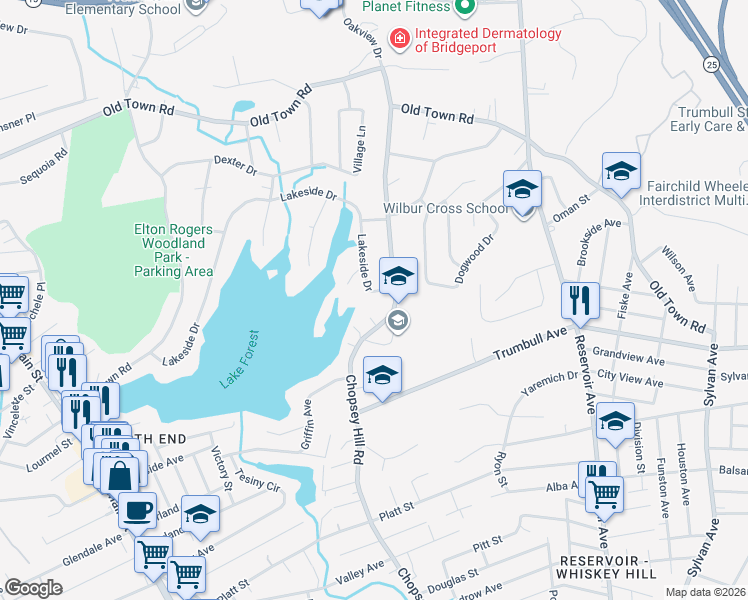 map of restaurants, bars, coffee shops, grocery stores, and more near 1521 Chopsey Hill Road in Bridgeport
