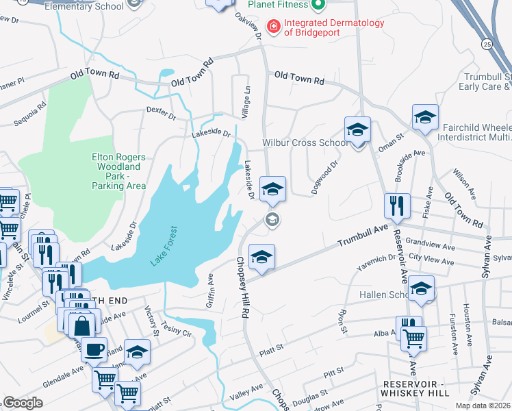 map of restaurants, bars, coffee shops, grocery stores, and more near 1521 Chopsey Hill Road in Bridgeport