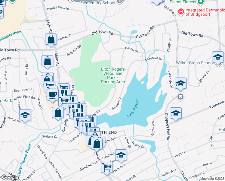 map of restaurants, bars, coffee shops, grocery stores, and more near 345 Frenchtown Road in Bridgeport