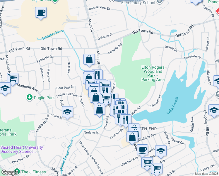 map of restaurants, bars, coffee shops, grocery stores, and more near 58 Kaechele Place in Bridgeport