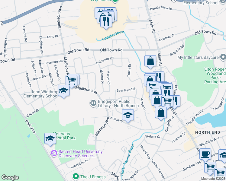 map of restaurants, bars, coffee shops, grocery stores, and more near 248 Indian Field Road in Bridgeport
