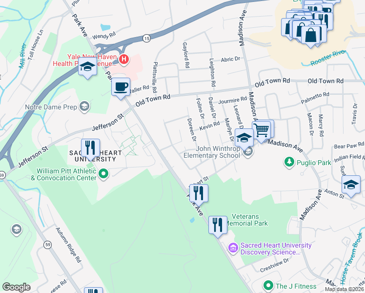 map of restaurants, bars, coffee shops, grocery stores, and more near 180 Nancy Drive in Bridgeport