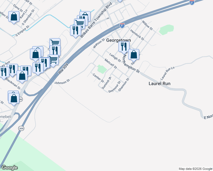 map of restaurants, bars, coffee shops, grocery stores, and more near Moyallen St in Wilkes-Barre Township