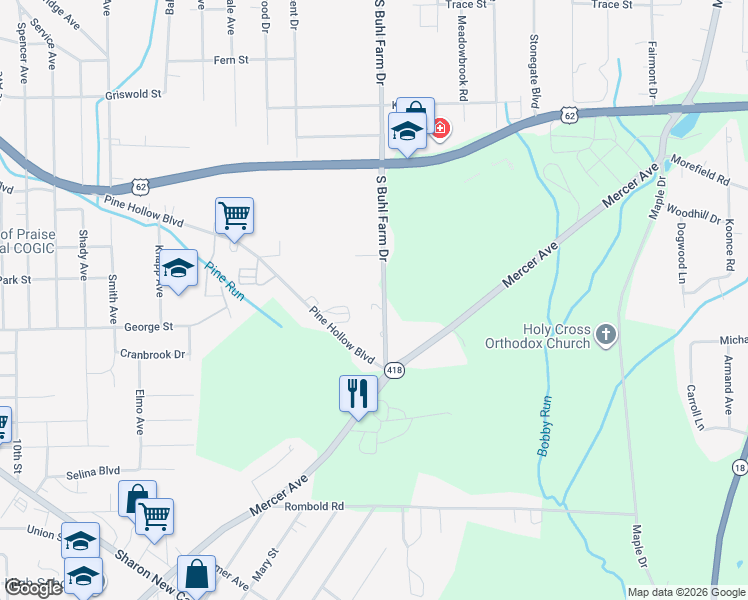 map of restaurants, bars, coffee shops, grocery stores, and more near 846 South Buhl Farm Drive in Hermitage