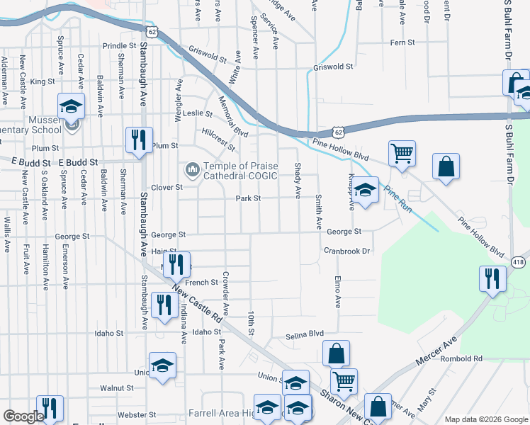 map of restaurants, bars, coffee shops, grocery stores, and more near 844 Service Avenue in Sharon
