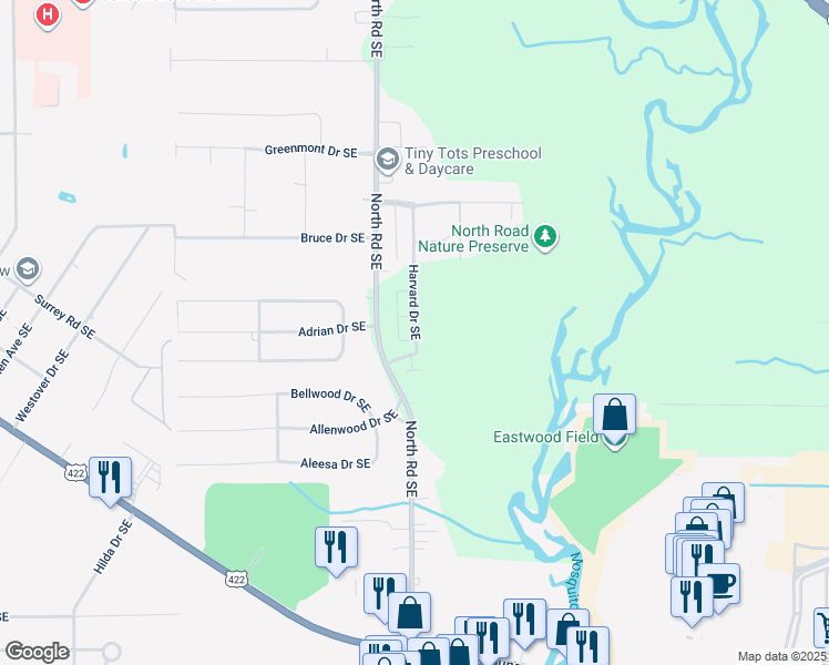 map of restaurants, bars, coffee shops, grocery stores, and more near 4244 Candlelight Drive Southeast in Warren