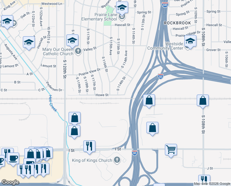 map of restaurants, bars, coffee shops, grocery stores, and more near 3725 South 114th Street in Omaha