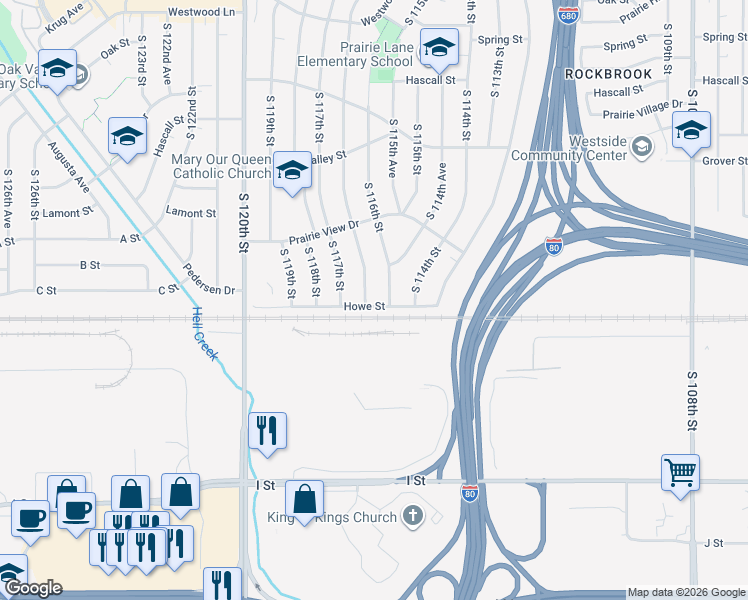 map of restaurants, bars, coffee shops, grocery stores, and more near 11475 Up Railroad in Omaha