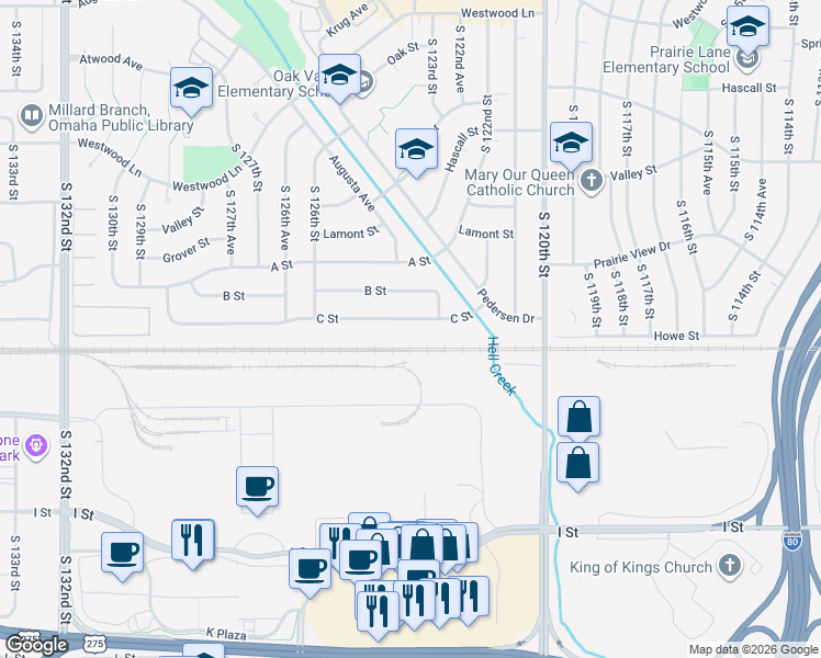 map of restaurants, bars, coffee shops, grocery stores, and more near 12335 C Street in Omaha