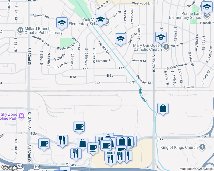map of restaurants, bars, coffee shops, grocery stores, and more near 12435 C Street in Omaha