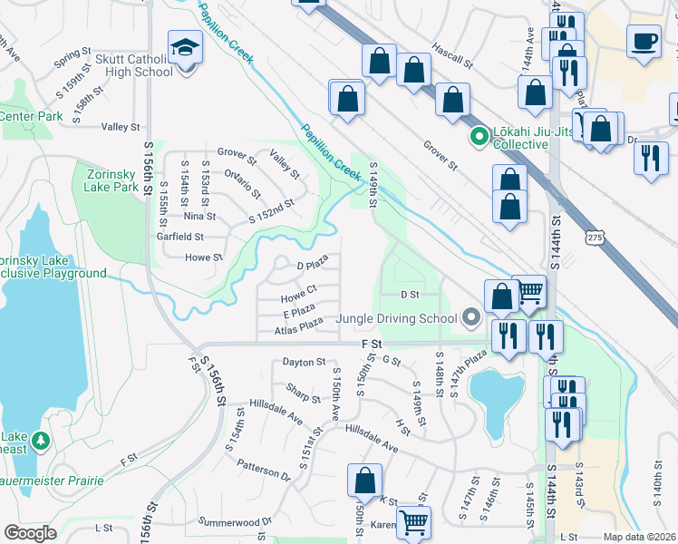 map of restaurants, bars, coffee shops, grocery stores, and more near 3969 South 150th Plaza in Omaha