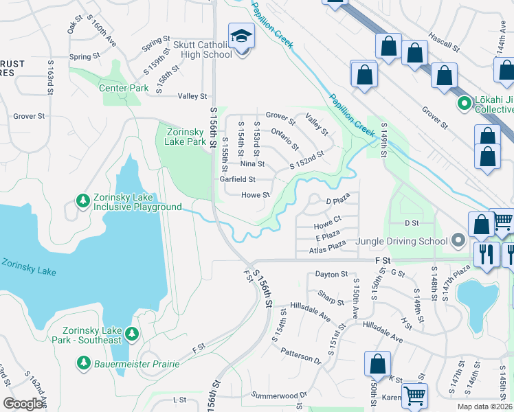 map of restaurants, bars, coffee shops, grocery stores, and more near 3969 South 153rd Circle in Omaha