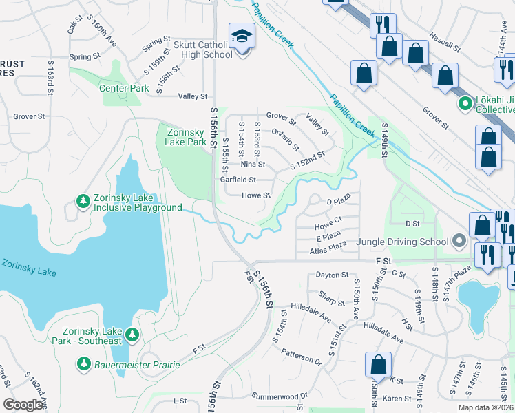 map of restaurants, bars, coffee shops, grocery stores, and more near 3969 South 153rd Circle in Omaha
