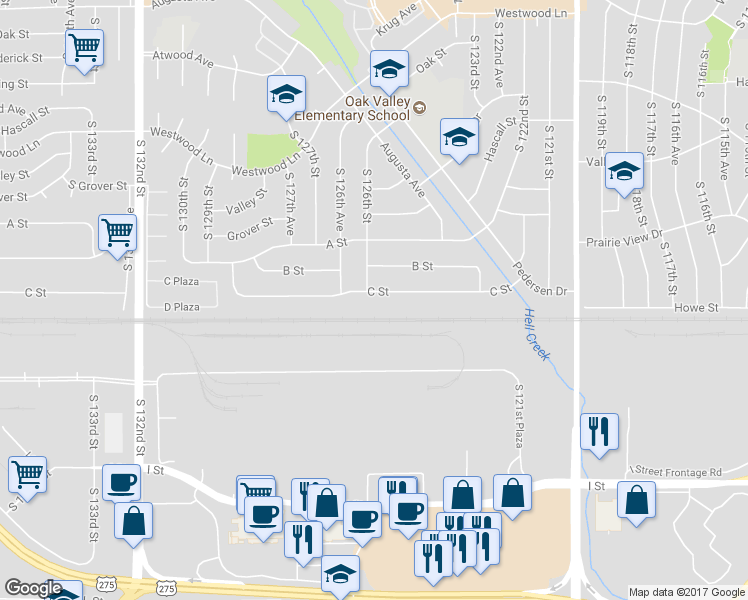 map of restaurants, bars, coffee shops, grocery stores, and more near 12535 C Street in Omaha