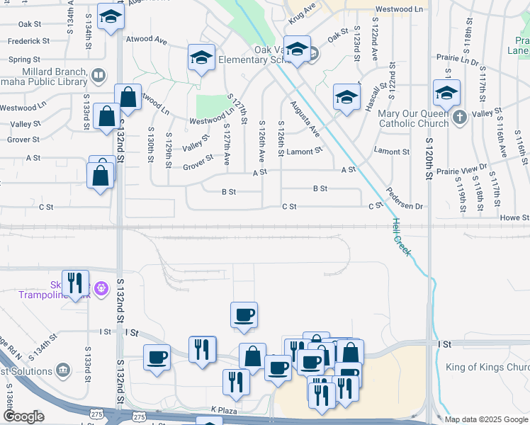 map of restaurants, bars, coffee shops, grocery stores, and more near 12627 C Street in Omaha