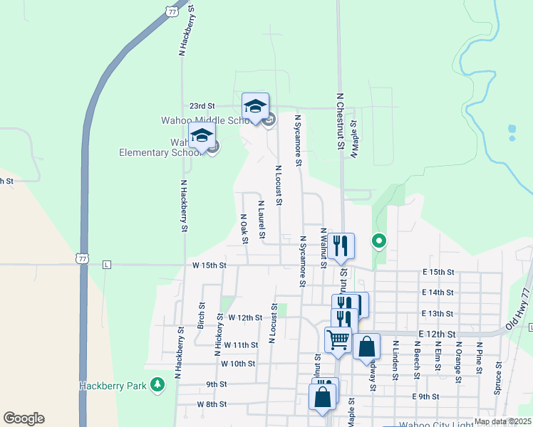 map of restaurants, bars, coffee shops, grocery stores, and more near 1653 North Laurel Street in Wahoo