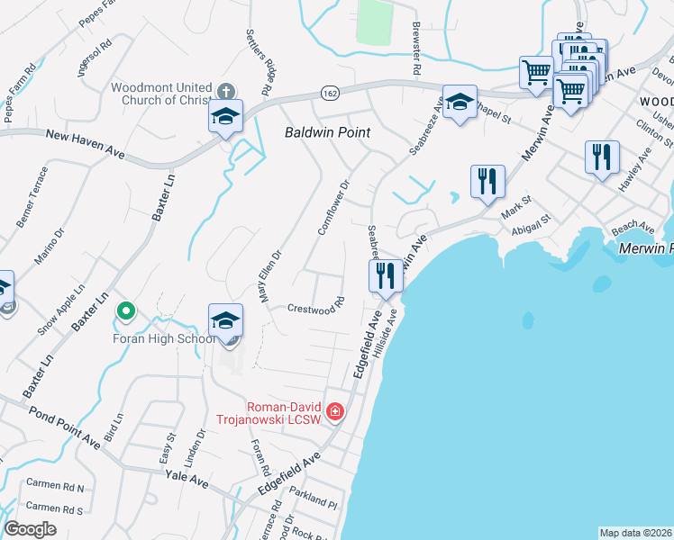 map of restaurants, bars, coffee shops, grocery stores, and more near 34 Barrow Street in Milford