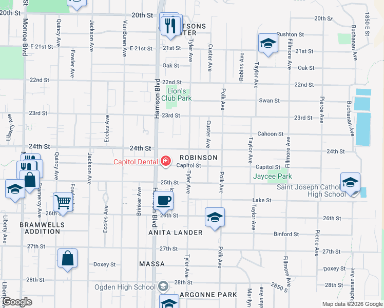map of restaurants, bars, coffee shops, grocery stores, and more near 1308 Capitol Street in Ogden