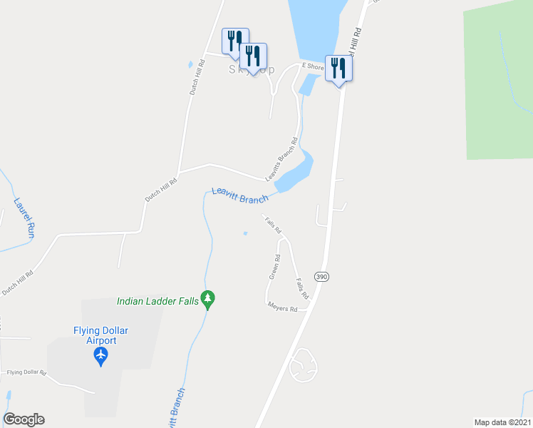 map of restaurants, bars, coffee shops, grocery stores, and more near 62 Falls Road in Skytop