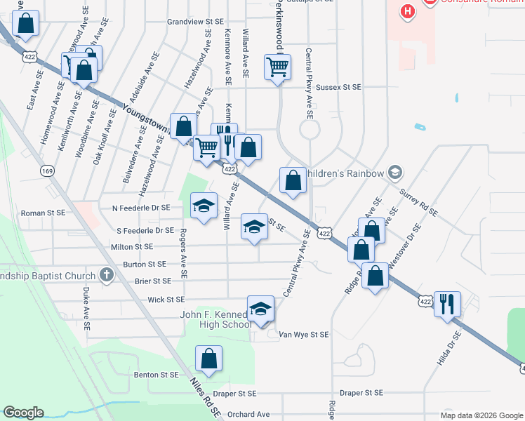 map of restaurants, bars, coffee shops, grocery stores, and more near 1653 Arbor Avenue Southeast in Warren