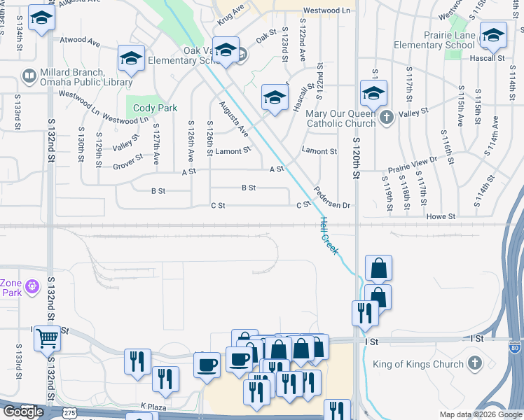 map of restaurants, bars, coffee shops, grocery stores, and more near 12335 C Street in Omaha