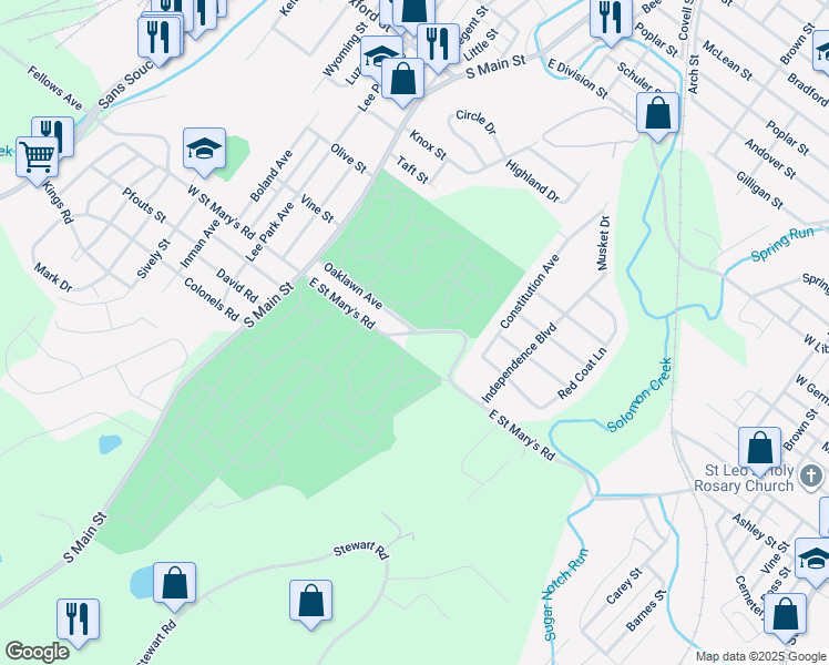 map of restaurants, bars, coffee shops, grocery stores, and more near 99 E St Marys Rd in Wilkes-Barre