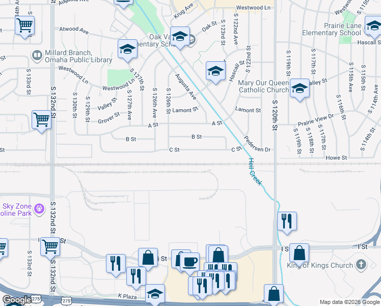 map of restaurants, bars, coffee shops, grocery stores, and more near 12435 C Street in Omaha