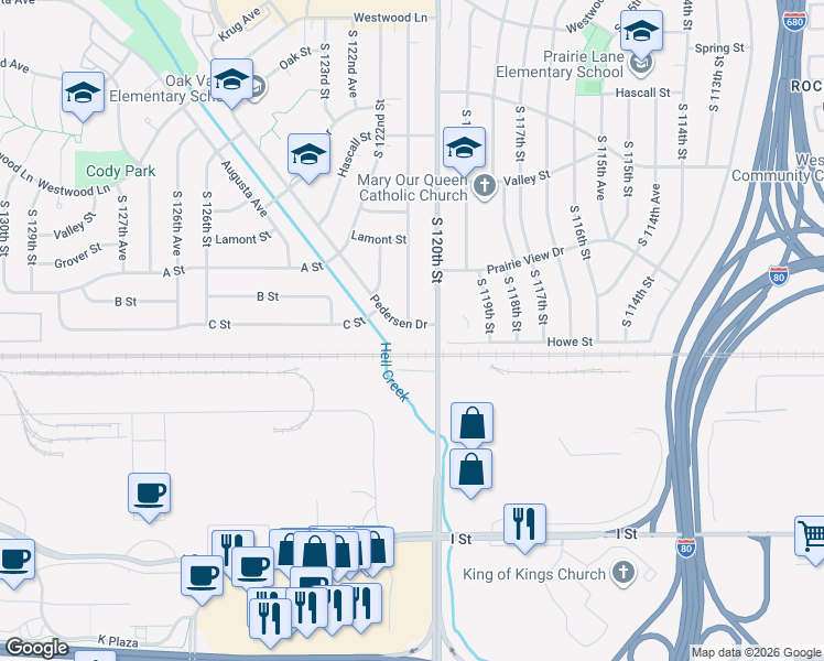 map of restaurants, bars, coffee shops, grocery stores, and more near 12017 Pedersen Drive in Omaha